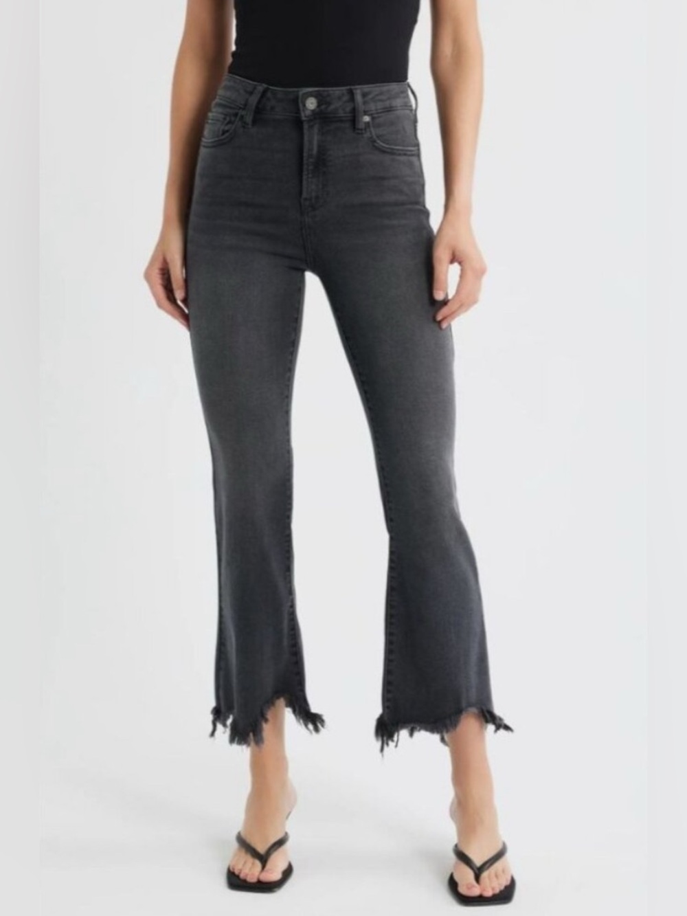 HIDDEN Charcoal Wash High-Rise Frayed Hem Cropped Flare Jeans